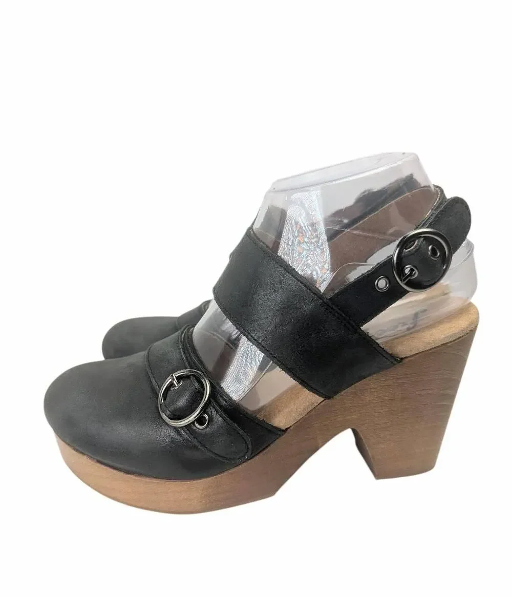 Free People Park Circle Black leather & wood platform slingback heel 38 EU 7.5